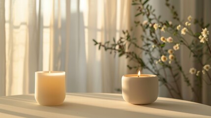 
Holistic, health and aromatherapy candle on table with balance, peace and natural flower fragrance. Spa, hospitality service and powder with essential oil for self care at luxury wellness salon 