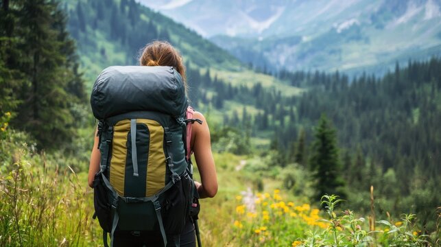 A woman hiking in a mountainous landscape with a large backpack, surrounded by greenery and flowers. - Powered by Adobe