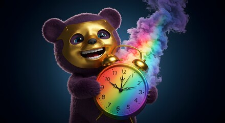 Masked Teddy Bear with Rainbow Clock and Colorful Smoke