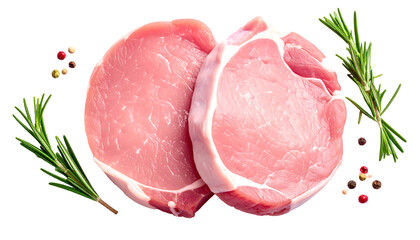 Two raw pork chops with white fat, rosemary sprigs, and peppercorns on a white background png cutout