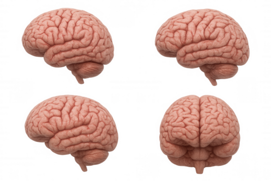 Human brain models displaying intelligence, learning, memory, and cognitive process concepts on transparent background