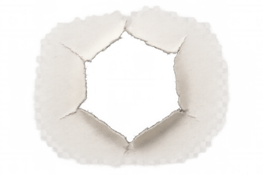 Torn white paper scraps creating a hexagon shape, showing imperfect, rough edges and texture. Transparent background