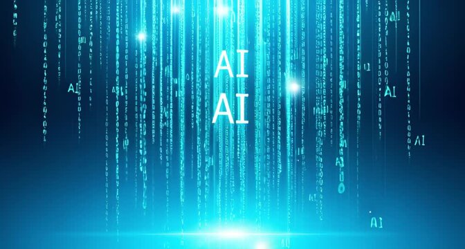 Artificial intelligence concept with falling binary code and ai text in a futuristic blue digital environment animated 4k video
