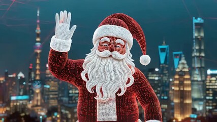 Digital santa claus waves in front of a futuristic cityscape with glowing lines creating a festive holiday scene for christmas and new year celebrations - Powered by Adobe