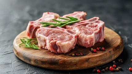 Four raw lamb chops on a wooden chopping board with rosemary and peppercorns.