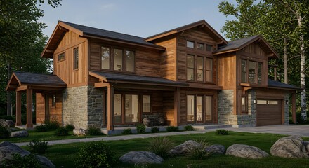 Fototapeta premium Luxury Rustic Home Exterior with Wood and Stone Facade