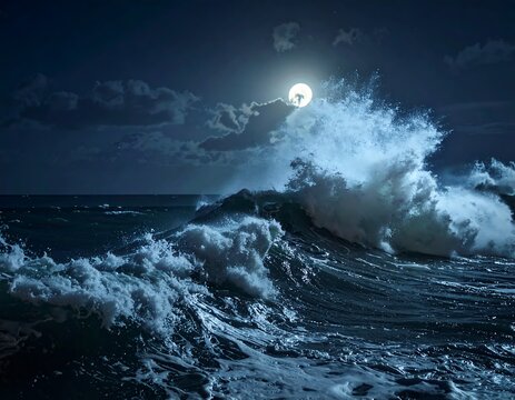 Turbulent ocean waves crash under a bright full moon at night - Powered by Adobe