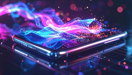Abstract concept of future communication — liquid metal smartphone morphing into holograms, glowing data streams, fluid geometry, surreal digital art.”