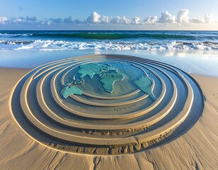World map etched in sand on beach