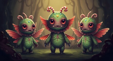 Three adorable green, bug-like creatures with big red eyes and small wings, standing together in a mystical forest setting