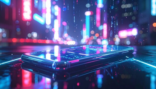 Futuristic mobile device made of transparent holographic glass, floating interface, neon lights, cyberpunk city reflections, minimal abstract composition, ultra-realistic lighting.”