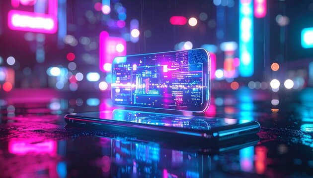 Futuristic mobile device made of transparent holographic glass, floating interface, neon lights, cyberpunk city reflections, minimal abstract composition, ultra-realistic lighting.”