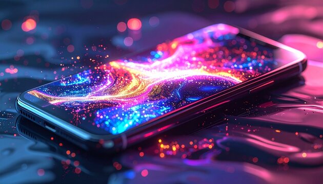 Abstract concept of future communication — liquid metal smartphone morphing into holograms, glowing data streams, fluid geometry, surreal digital art.”