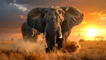 Two elephants charge towards the viewer, dust flying, set against a vibrant sunset