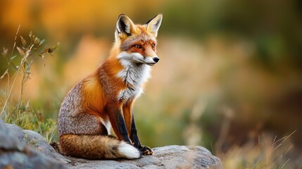 A red fox sitting on a rock in a grassy field with autumn colors in the background.