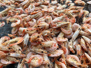 close - up view of delicious shrimps on market place