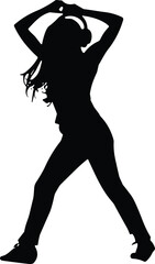 Silhouette of a female dancer with headphones striking energetic pose with raised arms and long hair on white background