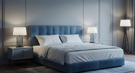 Modern Bedroom Interior with Blue Bed and Nightstands