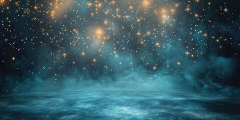 A dark, starry sky with a blue and green gradient, a concrete floor, and a foggy atmosphere, creating a mysterious and ethereal setting.