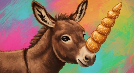 A whimsical and funny digital illustration of a brown donkey with a horn made of stacked donuts against a vibrant, colorful background