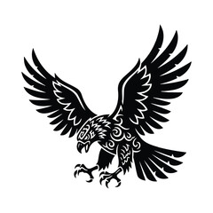 Fototapeta premium Black silhouette of an eagle with tribal patterns on a white background
