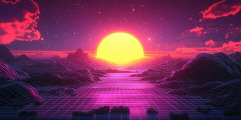A surreal, neon-lit landscape with a large, glowing sun, mountains, and a body of water, set against a vibrant, red and purple sky with stars.