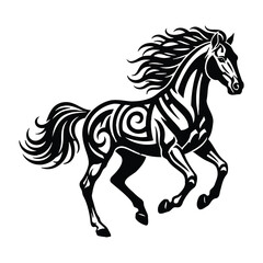 Obraz premium Vector illustration of a running horse with tribal patterns on its body against a white background.