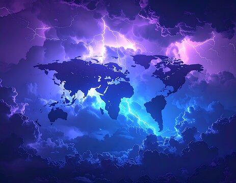 World map in a stormy sky with vibrant lightning