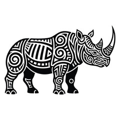 Fototapeta premium Black and white illustration of a rhinoceros with tribal patterns on its body against a clean white background.