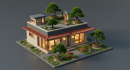 Modern Isometric House with Rooftop Garden and Bonsai Trees