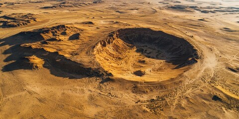 A vast, arid landscape with a large, circular crater in the center, surrounded by rocky terrain and sparse vegetation.