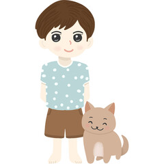 Adorable pastel illustration of a smiling boy with short brown hair standing beside a happy brown dog. Perfect for children’s book designs, pet-themed artwork, nursery prints, stickers.