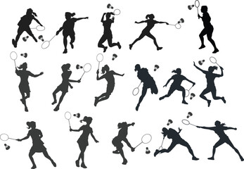 set of silhouettes of woman betminton players 