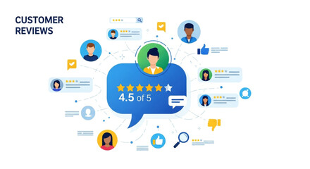 Customer reviews concept with people avatars, speech bubbles, and star ratings, indicating positive feedback