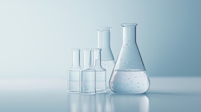 Three clear glass laboratory flasks with liquid on a light blue background. The science concept of chemistry and research.