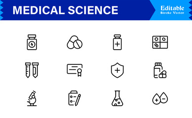 Professional Medical Science line icon set with modern minimal design, unique vector illustrations perfect for healthcare, biology, pharmacy, and research applications, clean style