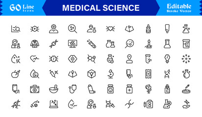 Professional Medical Science line icon set with modern minimal design, unique vector illustrations perfect for healthcare, biology, pharmacy, and research applications, clean style