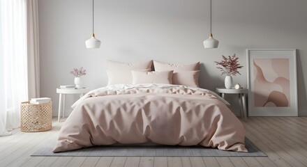 Serene Bedroom Interior with Soft Pink Bedding, Natural Light, and Minimalist Decor