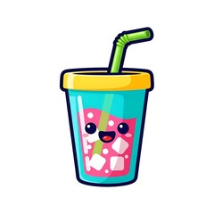 Obraz premium Cheerful cartoon drink with ice cubes and a straw, perfect for summer refreshment and fun!