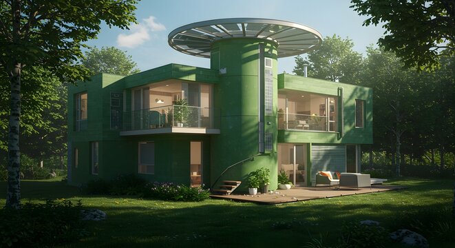Modern Green Eco-Friendly House Exterior with Solar Panels