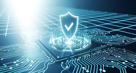 Central processing unit with a glowing shield icon, symbolizing secure computing and advanced technological protection for digital data animated 4k video - Powered by Adobe