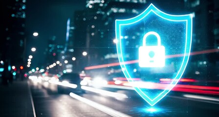 Cybersecurity shield with a padlock icon superimposed over a blurred city street at night, symbolizing digital protection animated 4k video - Powered by Adobe