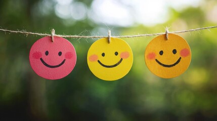 Three colorful smiley face cutouts hanging on a string against a blurred green background.