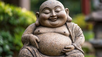 Fototapeta premium A smiling Buddha statue in a garden setting.