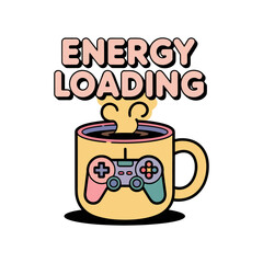 energy loading cup, yellow ceramic mug, controller icon, caffeine boost for players, cute gamer coffee art vector