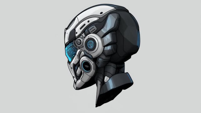 Detailed illustration of a futuristic robot head, featuring a mix of metallic textures with blue accent lights