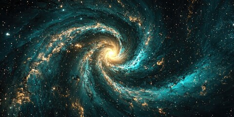 A vast, swirling galaxy with a central, bright, glowing core, surrounded by a dense, blue-green nebula and a myriad of smaller, glowing stars and gas clouds, set against a dark, star-studded backdrop.