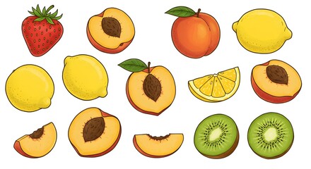 Vibrant vector illustrations of fresh fruits ripe strawberries, juicy peaches, zesty lemons, and tangy kiwis, perfect for healthy eating and culinary designs