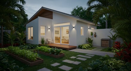 Fototapeta premium Modern House with Garden at Twilight