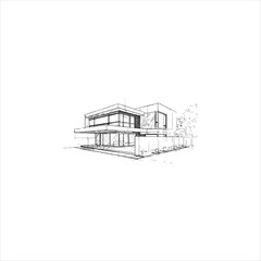 Fototapeta premium Contemporary Home Design Vector Drawing, Architectural Building Concept Sketch Vector,Minimalist Modern House Architecture Sketch Vector Illustration,Modern House Blueprint Vector,Hand D.